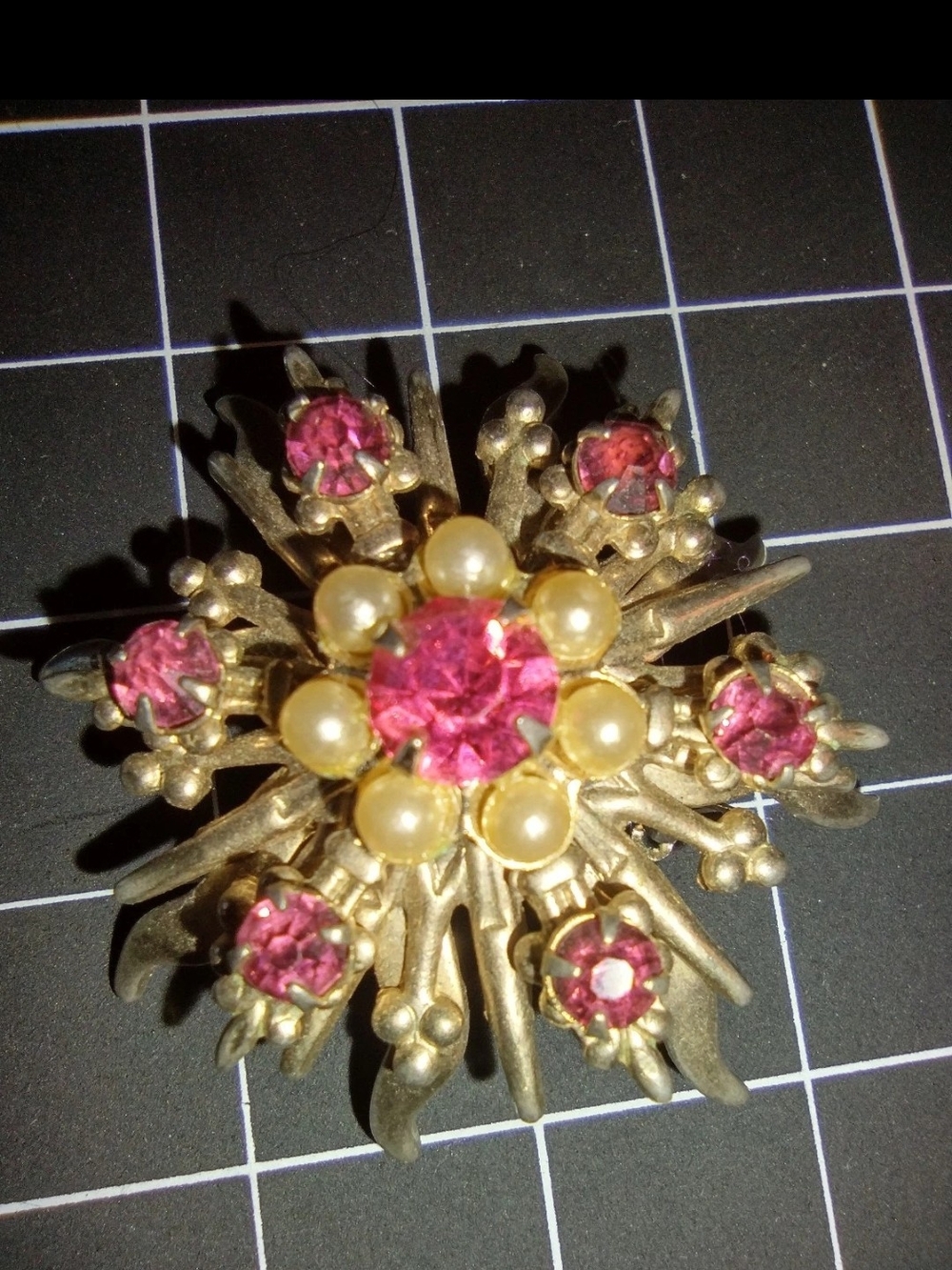 Vintage Pink Rhinestone Faux Pearl Floral Brooch Gold Tone Starburst Pin